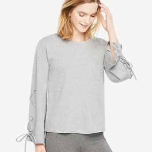 Ann Taylor Gray Ponte Lace Up Bell Sleeve Blouse